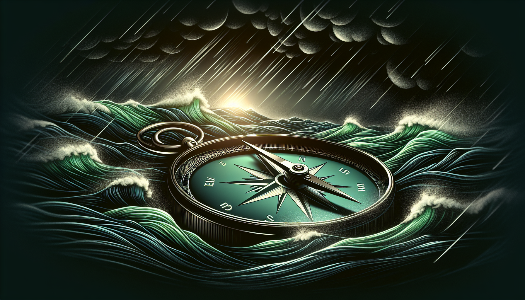 Compass navigating stormy sea